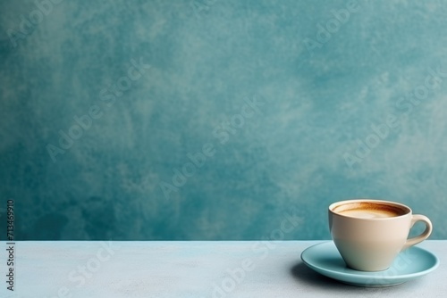  a cup of coffee sitting on top of a saucer on top of a blue table next to a blue wall. photo