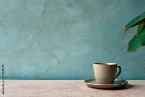  a coffee cup sitting on a saucer with a green plant in the middle of the cup and a blue wall in the background.