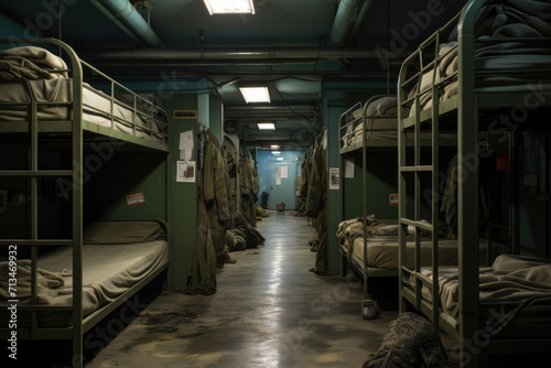 Beds in a military army barracks photo