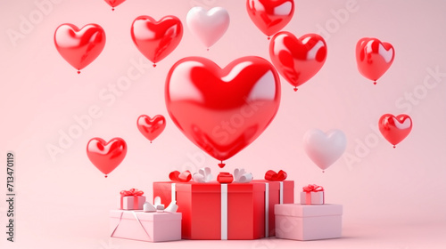 The perfect setting for Valentine's Day, a gift adorned with heart-shaped balloons, shades of pink and red reminiscent of Valentine's Day. Poetic, stuning, 3D rendering design illustration.