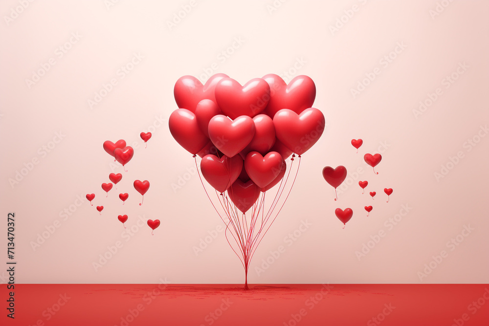 Perfect setting for Valentine's Day, made with colors that represent love, lots of heart-shaped balloons to celebrate Valentine's Day. Poetic, stuning, 3D rendering design illustration.