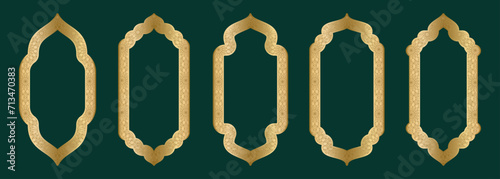 Gold arch frame shape Islamic door or window with geometric girikh pattern, silhouette Arabic arch. Luxury set in oriental style. Frames in Arabic Muslim design for Ramadan Kareem. Vector illustration