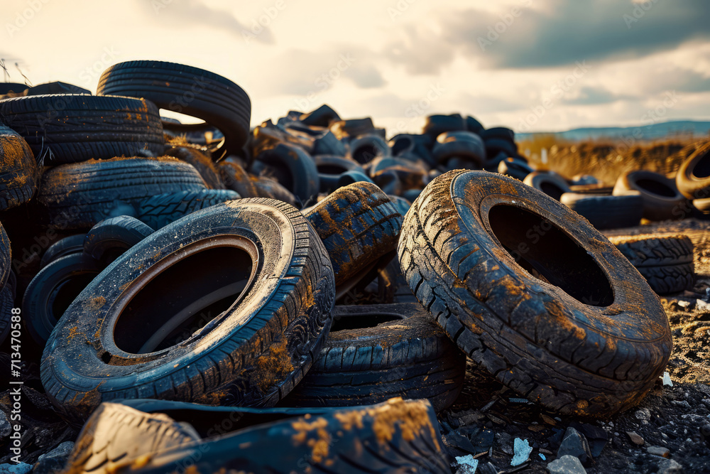 Landfill for recycling wornout car tires. Stacked old using tires on