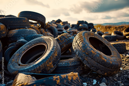 Landfill for recycling worn-out car tires. Stacked old using tires on the ground. Environmental pollution