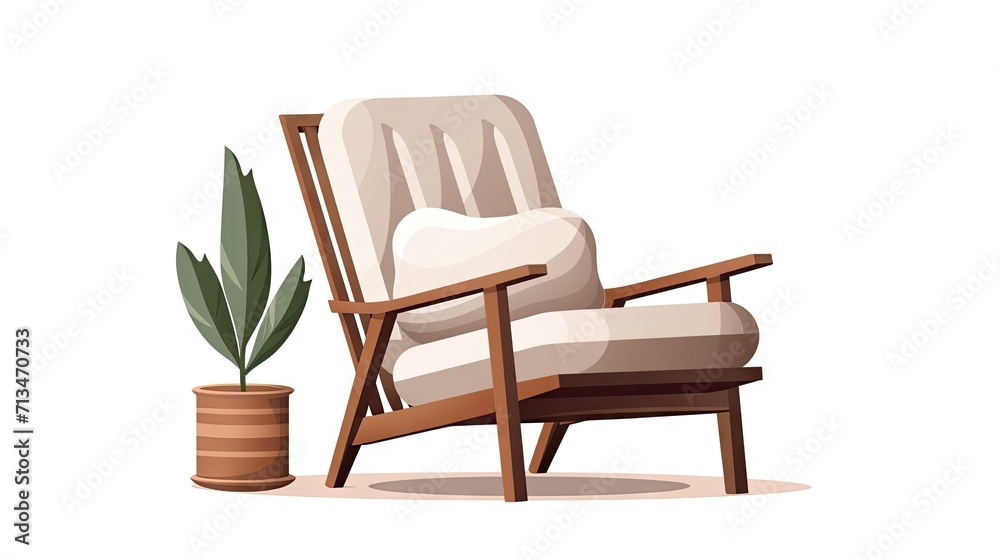 Fototapeta premium A stylish wooden chair with soft pillows, isolated on a white background, presenting a perfect blend of comfort and modern interior aesthetics.