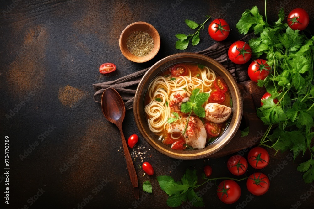  a bowl of noodle soup with tomatoes, parsley, parsley, and parsley on a table.