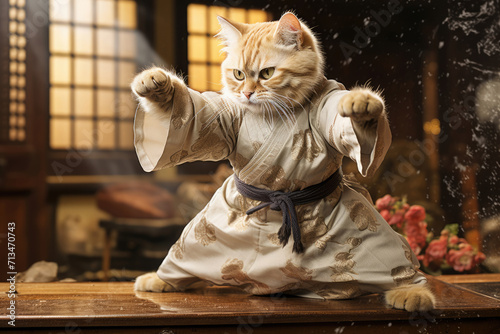 Angry karate cat fighter in kimono