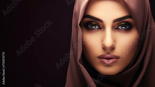 Portrait of a beautiful arabin woman in traditional headscarf on the black background