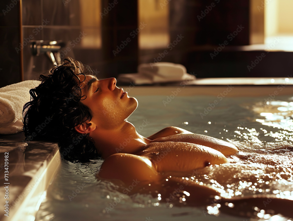 Tranquil Spa Retreat: Man Relaxing in a Bathtub Tranquil Spa Retreat: Man Relaxing in a Bathtub
