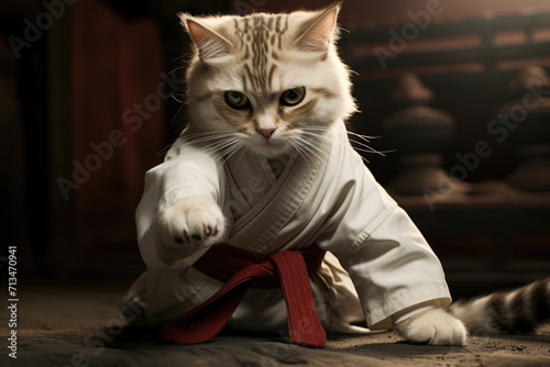 Fighting cat in a kimono training in the ring
