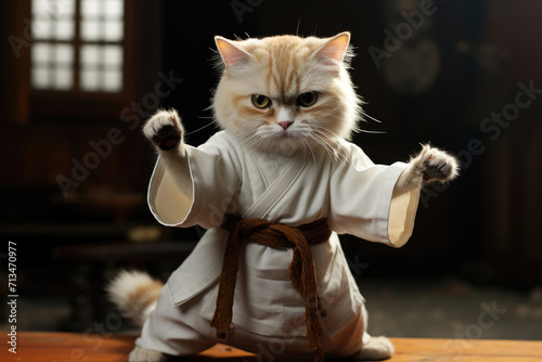 Karate cat in kimono, martial arts training