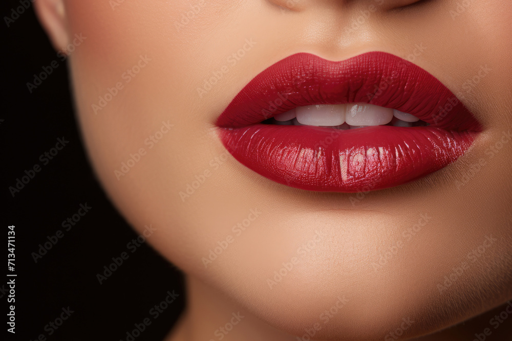 Fototapeta premium Beauty red lips makeup, sensitive mouth close-up