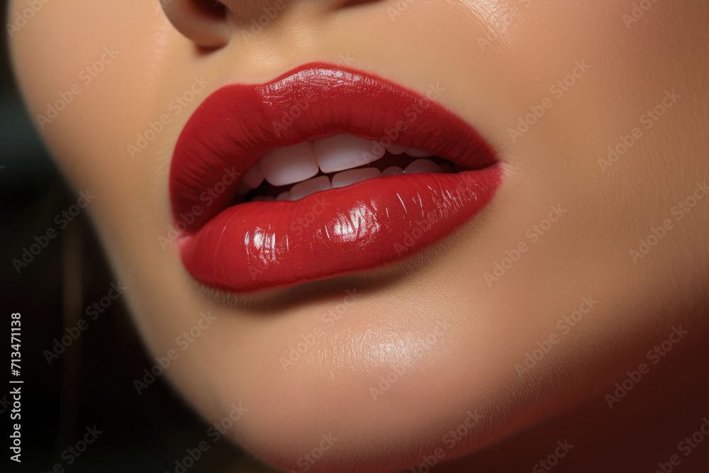 Fototapeta premium Beauty red lips makeup, sensitive mouth close-up