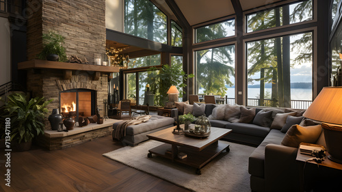 Gorgeous living room design in a newly built luxurious home, featuring beautiful hardwood floors and a cozy fireplace