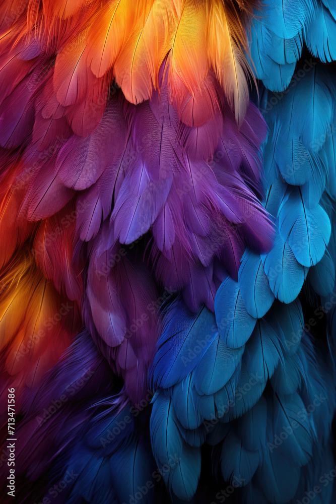 Obraz premium Colorful feathers background texture close up. Vertical orientation