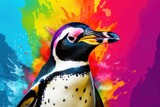  a close up of a penguin on a multicolored background with a splash of paint on it's face.