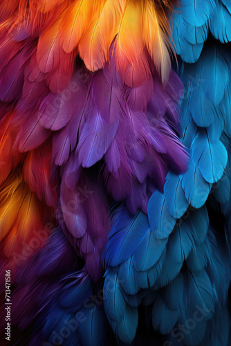 Colorful feathers background texture close up. Vertical orientation