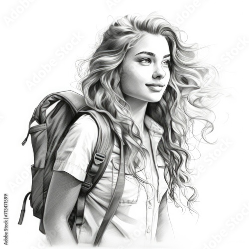 Black and white portrait of a teenager. Female tourist with backpack. Drawn in pencil. Smiling young woman traveler