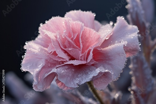 a close up of a pink flower with drops of water on it's petals and a black back ground.
