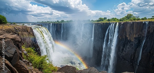 A breathtaking panorama captures the essence of Victoria Falls in Zimbabwe  where the waters thunder down  and a rare vertical rainbow graces the scene with its vibrant hues.