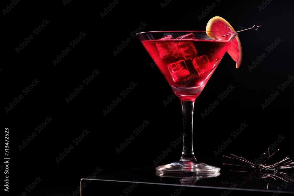 a close up of a drink in a glass with a slice of fruit on the rim and a black background. a close up of a drink in a glass with a slice of fruit on the rim and a black background.