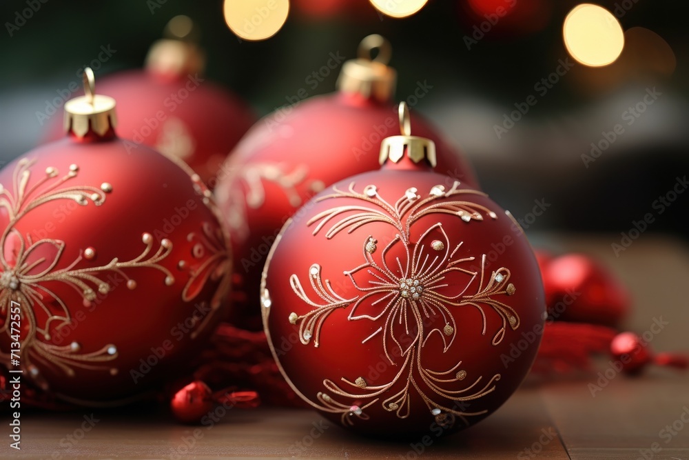 a group of red christmas ornaments sitting on top of a wooden table next to a christmas tree with lights in the background. a group of red christmas ornaments sitting on top of a wooden table next to a christmas tree with lights in the background.