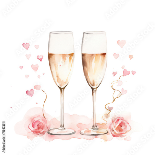 Watercolor Two Champagne Glasses Flutes with Roses leaves flowers Valentine's Day, Engagement, Wedding, Celebration, Illustration Isolated Graphic