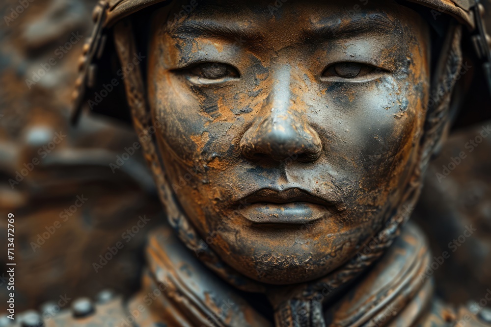 Monument to a Chinese warrior. Chinese soldier portrait close up Symbol of China realistic detailed photography texture