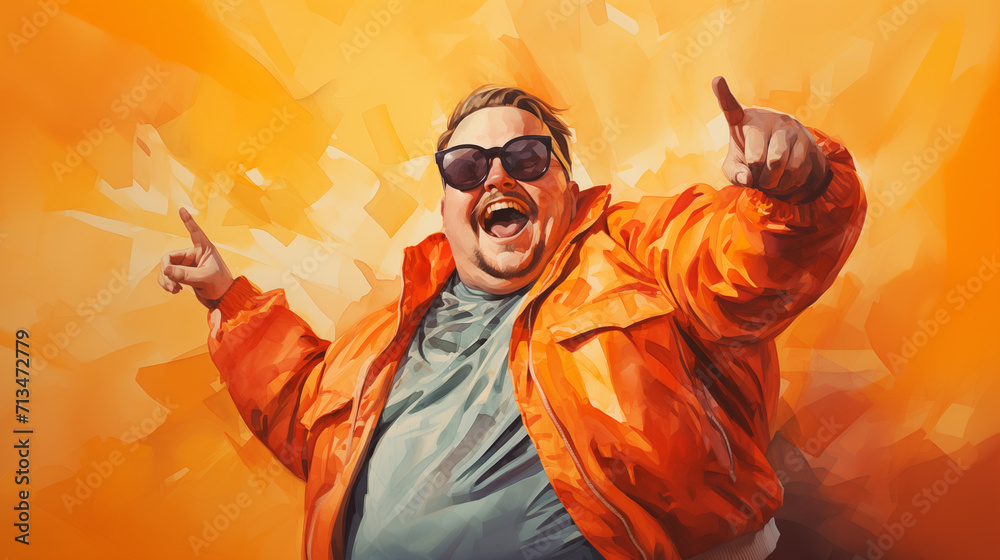 Cheerful fat man in sunglasses pointing and laughing on an orange background Cheerful fat man in sunglasses pointing and laughing on an orange background