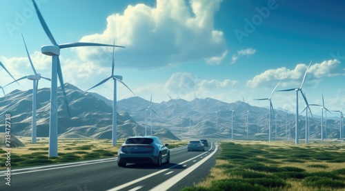 Electric vehicle traveling on a windmill road.