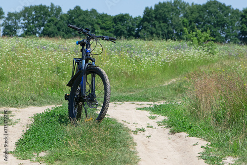 bike stands on the road in the field. A mountain bike stands on a field path with green grass. Mountain bike, blooming summer field, meadow flowers, sunny day. ride a bike. outdoor activities © Oleksandr Filatov