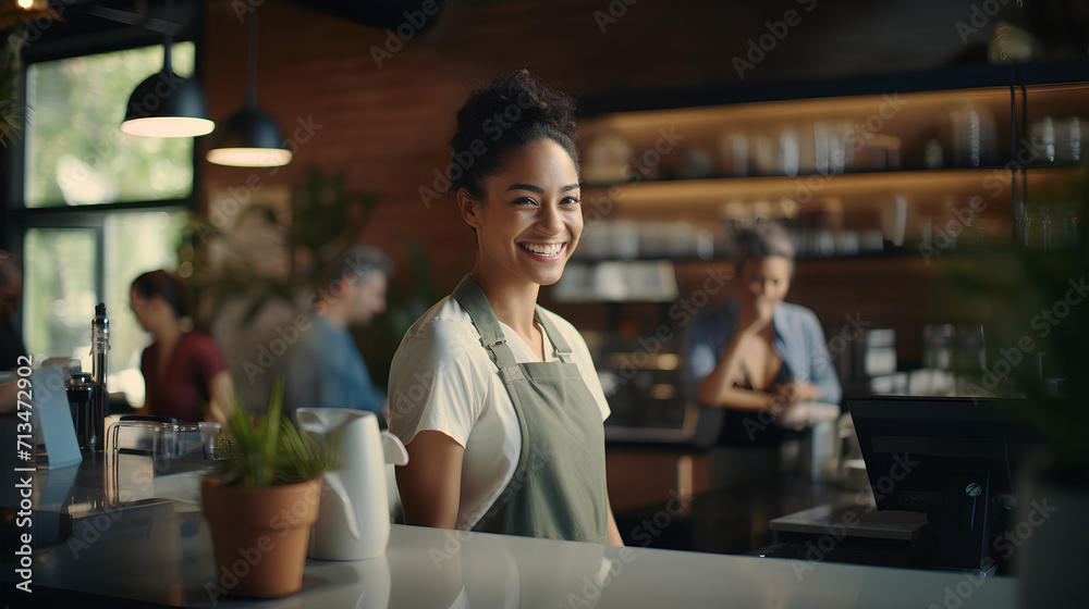 Happy Woman, Barista Serving Customer at Cafe - Business Portrait, Own Business Concept