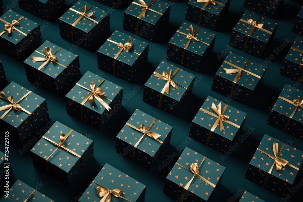  a large group of blue boxes with gold bows and bows on the top of them, all of which have gold polka dots on them.