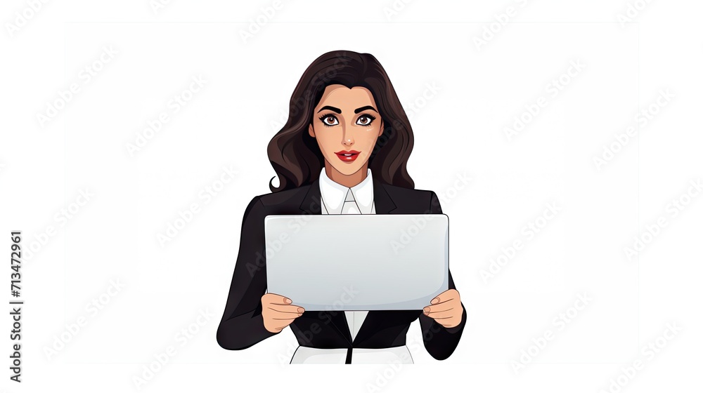 surprised elegance of a businesswoman holding a laptop with a blank screen on a white background. surprised elegance of a businesswoman holding a laptop with a blank screen on a white background.