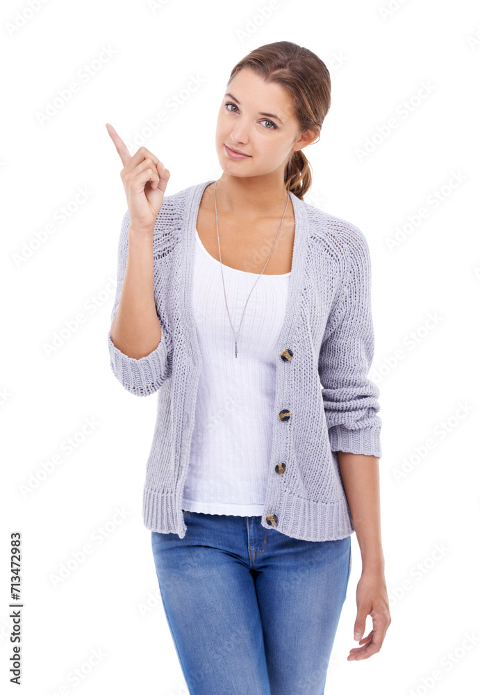 Fashion, portrait and woman with hand pointing in studio for discount, sale or offer on white background. Announcement, face and female model show deal, giveaway or shopping promotion or information Fashion, portrait and woman with hand pointing in studio for discount, sale or offer on white background. Announcement, face and female model show deal, giveaway or shopping promotion or information