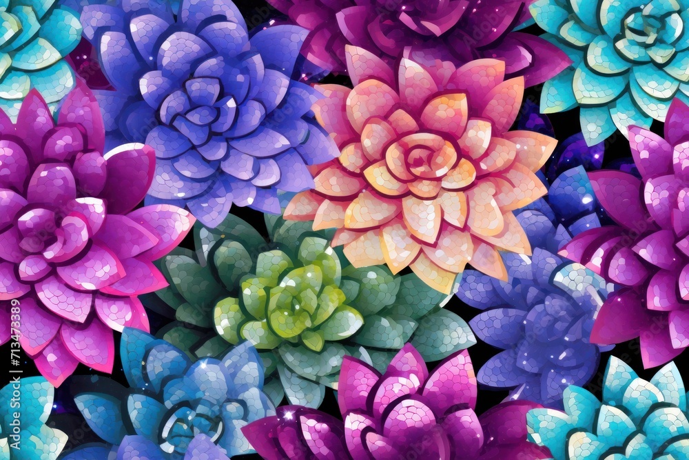 a bunch of colorful succulents that are painted in different shades of purple, blue, and green. a bunch of colorful succulents that are painted in different shades of purple, blue, and green.