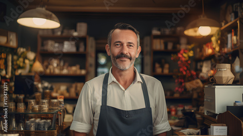Middle Age Small Shop Owner Standing and Looking to Camera - Business Portrait
