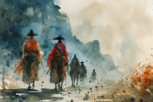 Chinese history watercolor paint Illustration. History of China in watercolor colors. Chinese historical people Horizontal format