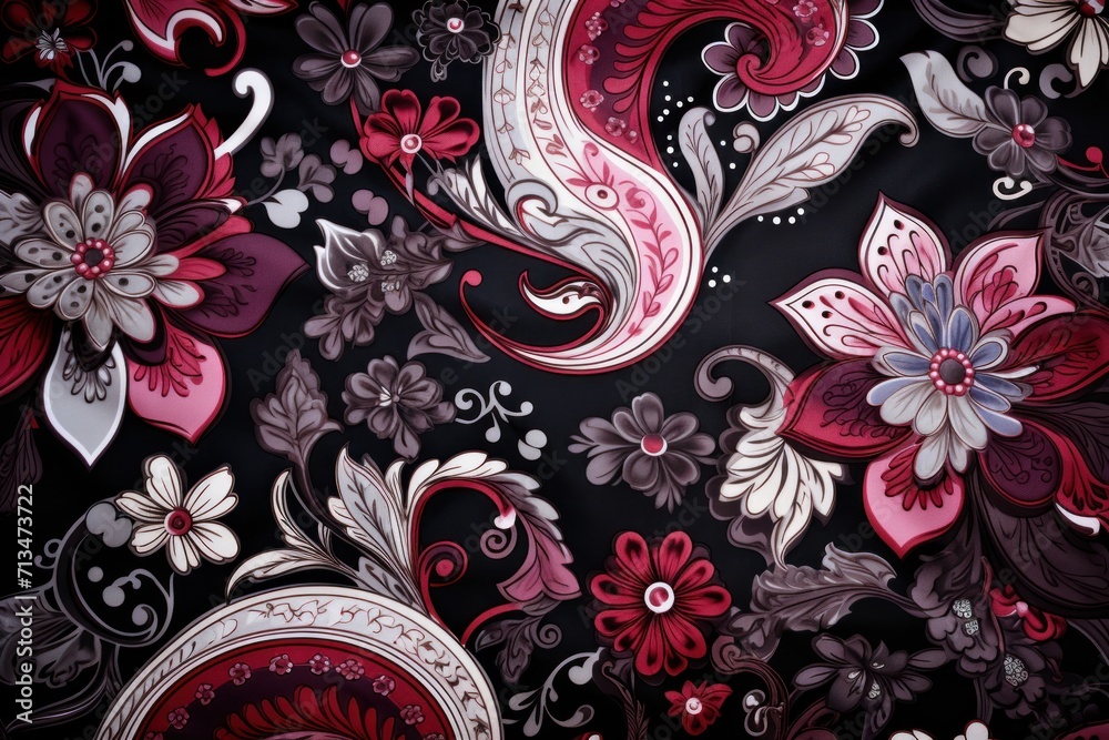 a close up of a black and red wallpaper with flowers and swirls on the side of the wall. a close up of a black and red wallpaper with flowers and swirls on the side of the wall.