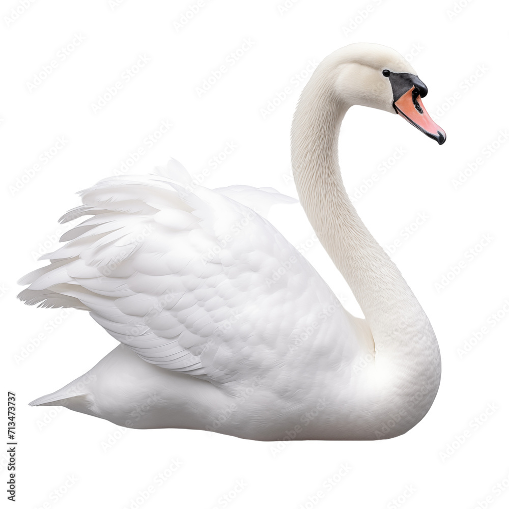 Fototapeta premium White swan on transparent and white background. Generative ai