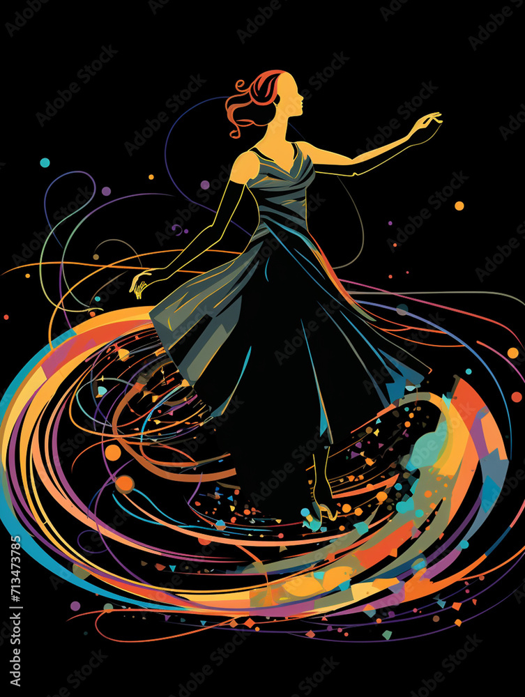 T-shirt design, a silhouette of a dancer in mid-leap, filled with the swirling, rhythmic patterns created with Generative Ai