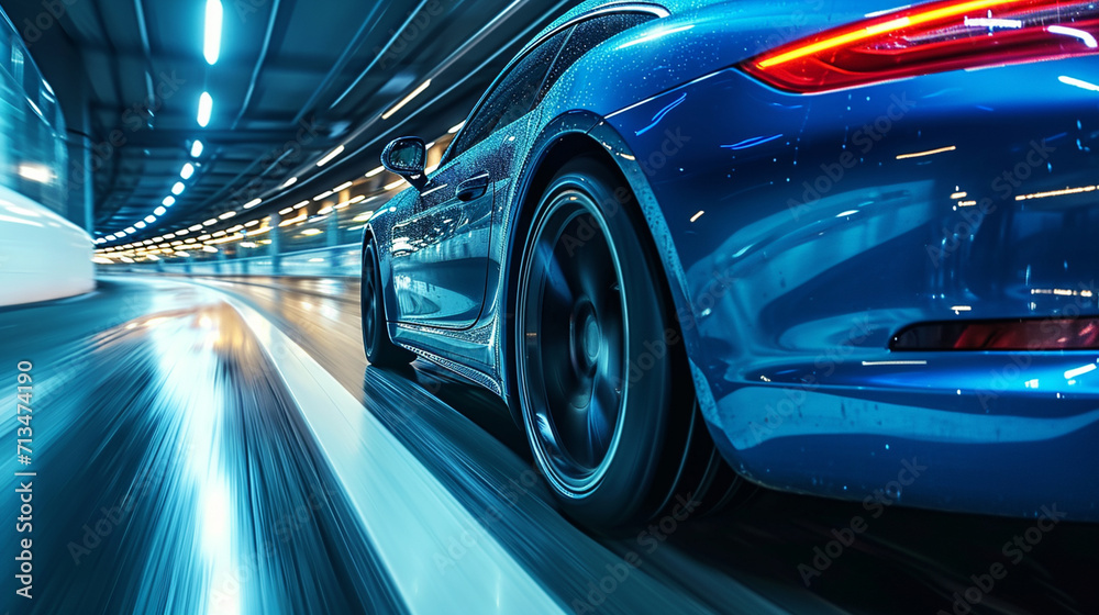 Sleek blue business car in full speed, gracefully maneuvering through a highway turn. Rear view of a high-performance vehicle showcasing speed and agility. Automotive excellence in motion. Sleek blue business car in full speed, gracefully maneuvering through a highway turn. Rear view of a high-performance vehicle showcasing speed and agility. Automotive excellence in motion.