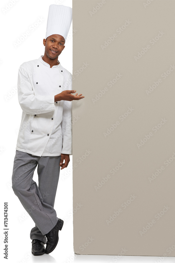 Portrait, poster and black man chef with hand pointing in studio for checklist, menu or space on white background. Bakery, presentation or baker face with food tips billboard, guide or steps mock up Portrait, poster and black man chef with hand pointing in studio for checklist, menu or space on white background. Bakery, presentation or baker face with food tips billboard, guide or steps mock up