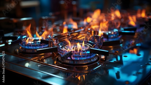 A tightly focused image capturing the intense blue flames of a propane gas stove burner in a home kitchen photo