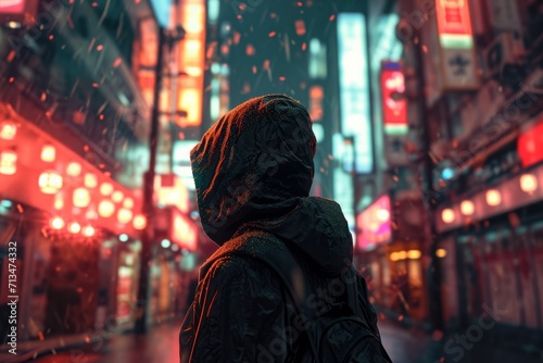 Person in a hooded jacket walking through neon-lit city streets, creating a mood of urban exploration and mystery.