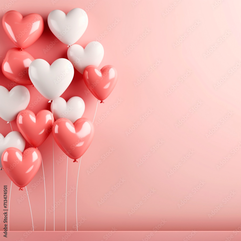Perfect setting for Valentine's Day, made with colors that represent love, lots of heart-shaped balloons to celebrate Valentine's Day. Poetic, stuning, 3D rendering design illustration.