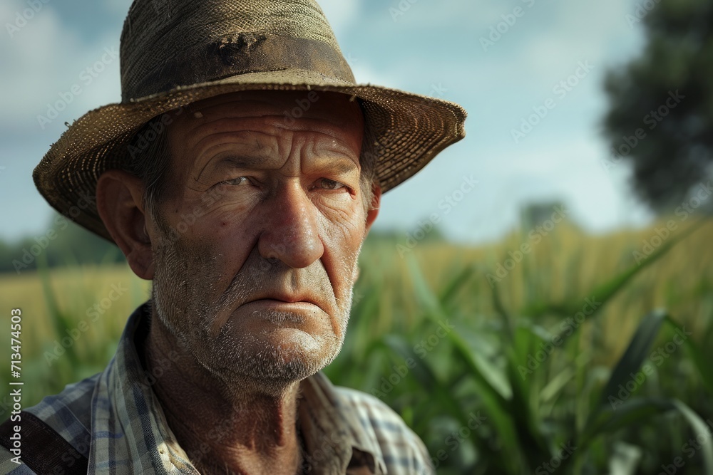 Elderly farmer with weathered features stands amidst a cornfield, capturing the essence of rural life and seasoned wisdom.