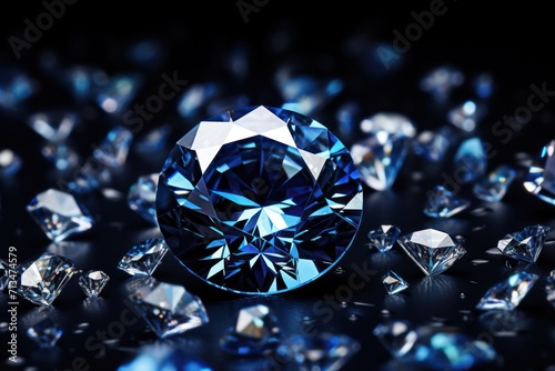  a close up of a blue diamond surrounded by diamonds on a black background with a reflection of the diamond in the center of the image.