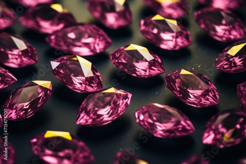  a group of pink diamonds sitting on top of a black surface with a yellow tip on the end of each of the diamonds.
