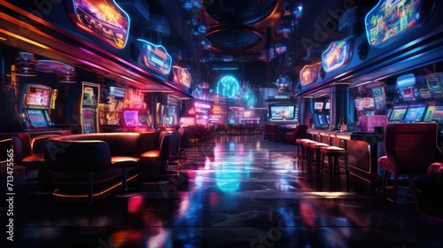 luxury casino, interior view, neon colors